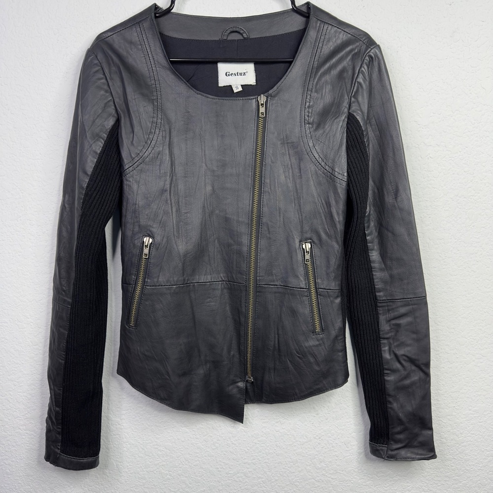 Gestuz Leather Jacket Womens 36 Black Knit Sleeve Moto Minimalist‎ Scandi Edgy